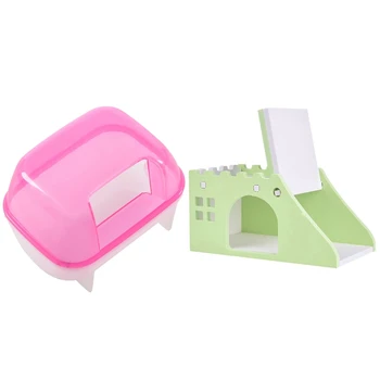 

1Pcs Green Hamster House with Ladder Viewing Deck & 1Pcs Pink White Small Hamsters Pet Bathroom 10 X 7 X 7Cm