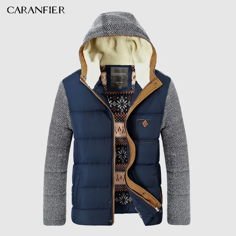CARANFIER, новинка, зимняя куртка, Мужская повседневная верхняя одежда, овчина, с капюшоном, утепленные парки, мужская мода, пэчворк, дизайн, толстое, теплое пальто