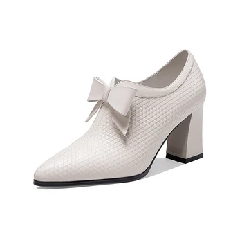 

High Heels Genuine Leather Pointed Toe Shoes Woman bowties tie Spring autumn Brand Office ladies Pumps Shoes large size 34-43