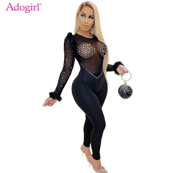 

Adogirl Crystal Diamonds Feather Two Piece Set Jumpsuit Sheer Mesh Long Sleeve Bodysuit Top Pencil Pants Women Night Club Suits