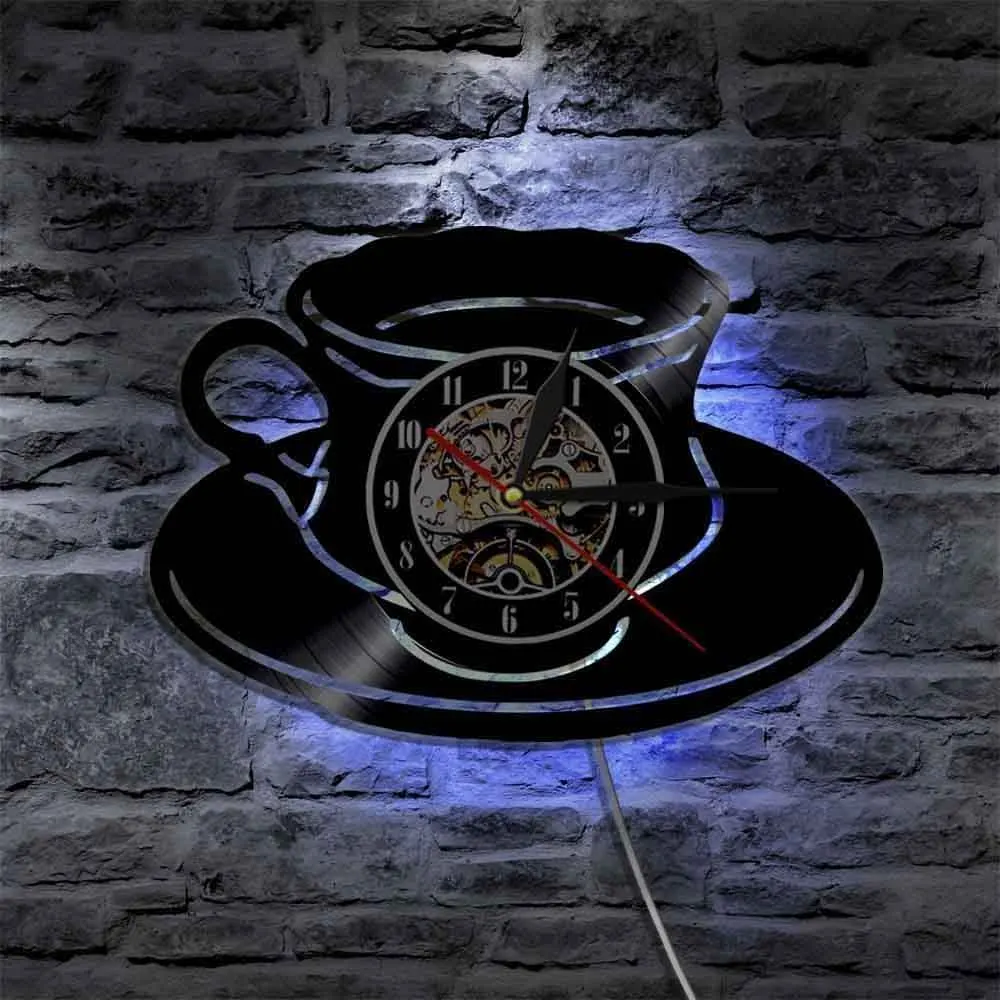 Светодиодный настенные часы современный дизайн декоративный кухонные часы с 7 цветными сменами кофе Виниловая пластинка настенные домашние декоративные часы бесшумные