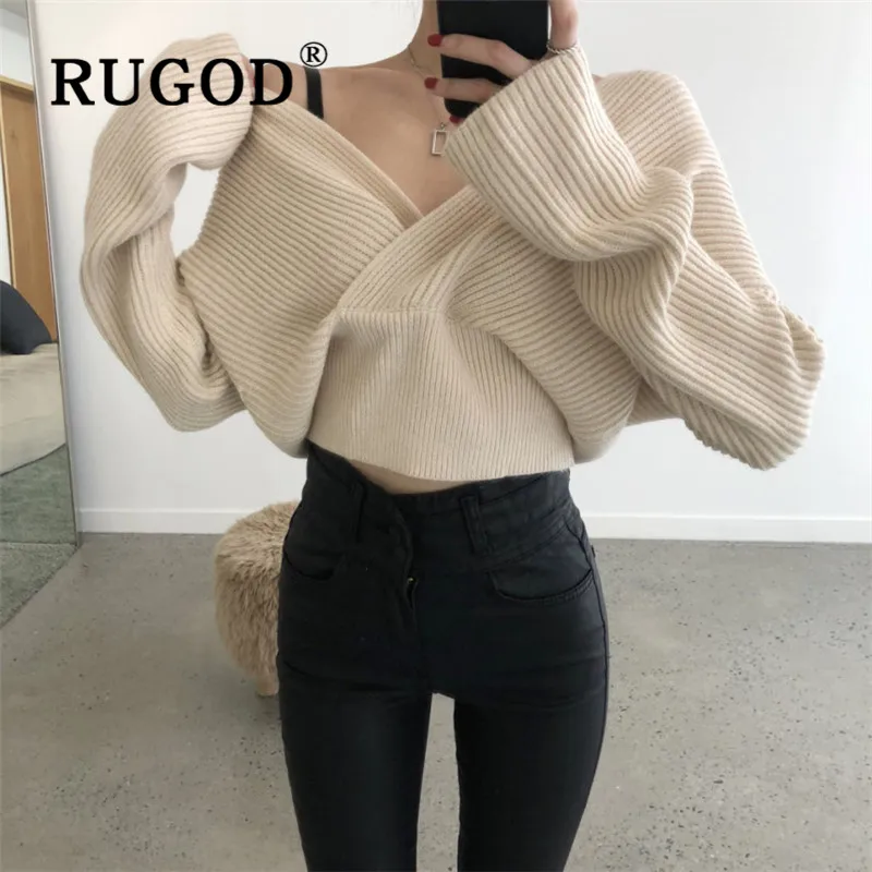 RUGOD korean chic solid female sweater pullovers v neck cross shape high waist knitted pull fashion elegant woman warm | Женская одежда