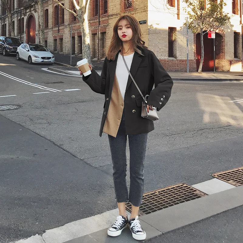

2019 Autumn Clothing New Style Suit Jacket Women's Korean-style Students Loose-Fit Mock Two-Piece Network hong qiu Suit Tops