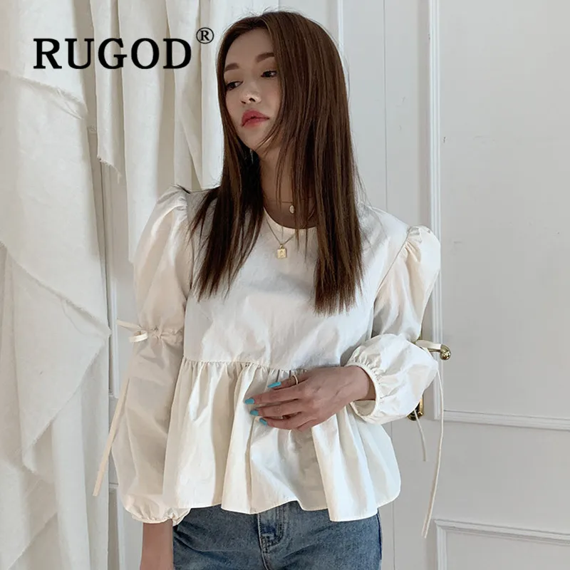 RUGOD ins модная однотонная женская блузка Корейская с пышными рукавами открытой