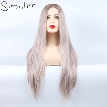 

Similler Straight Hair Heat Resistant Fiber Grey Ombre Women Long Synthetic Wigs for Cosplay Dark Root Peluca