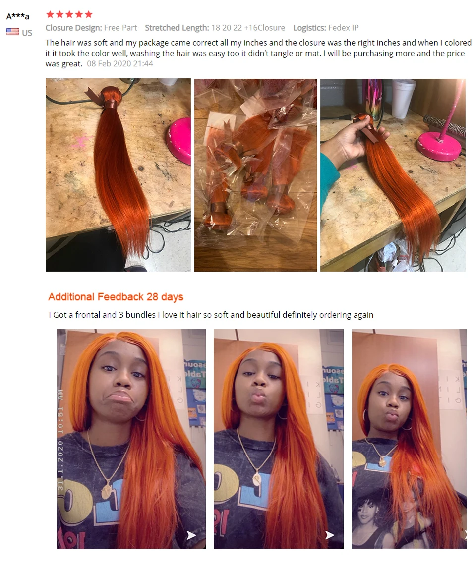 Sleek Straight Human Hair Bundles 30 Inch Ginger Orange Remy Brazilian Hair Extensions Blonde Colored Single Bundles