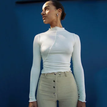 

Women Turtleneck Solid Lace sleeves Blouse Lady Casual Slim Thin Long Sleeve Basic Tops Spring Pullovers Fashion Sexy Blouses