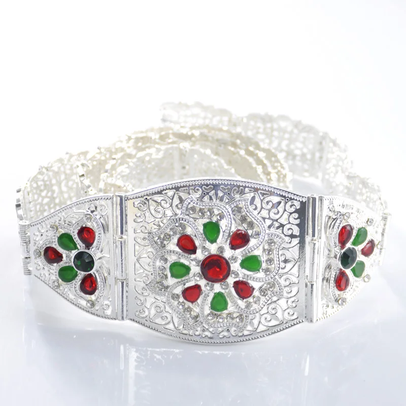silver Классические женские кафтановые ремни, золотые стразы, Цветочный Пояс, пряжка, длинные цепи, ремни, арабское модное свадебное ювелирное изделие - Окраска металла: silver
