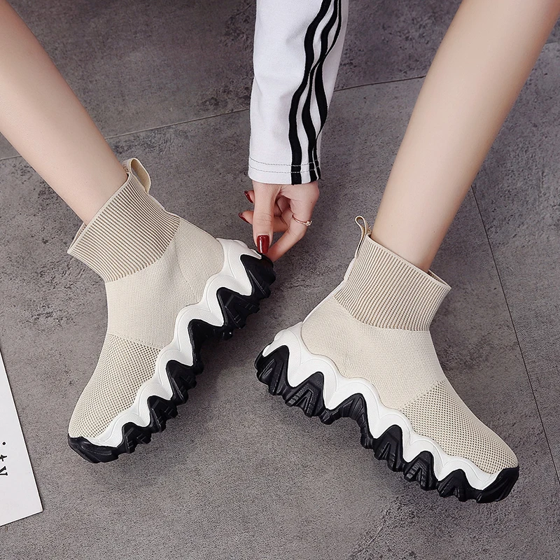 

High Top Sock Shoes Women Knitted Sneakers Platform Casual Shoes Women Breathable Thick Sole Sneakers Vulcanized Shoes Ladies