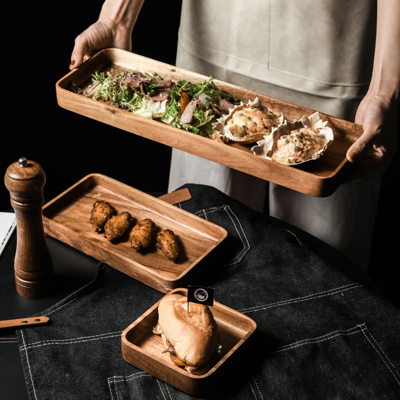 1 pçs acácia madeira servindo bandeja retângulo quadrado café da manhã sushi lanche pão sobremesa bolo placa com fácil transportar alça sulcada