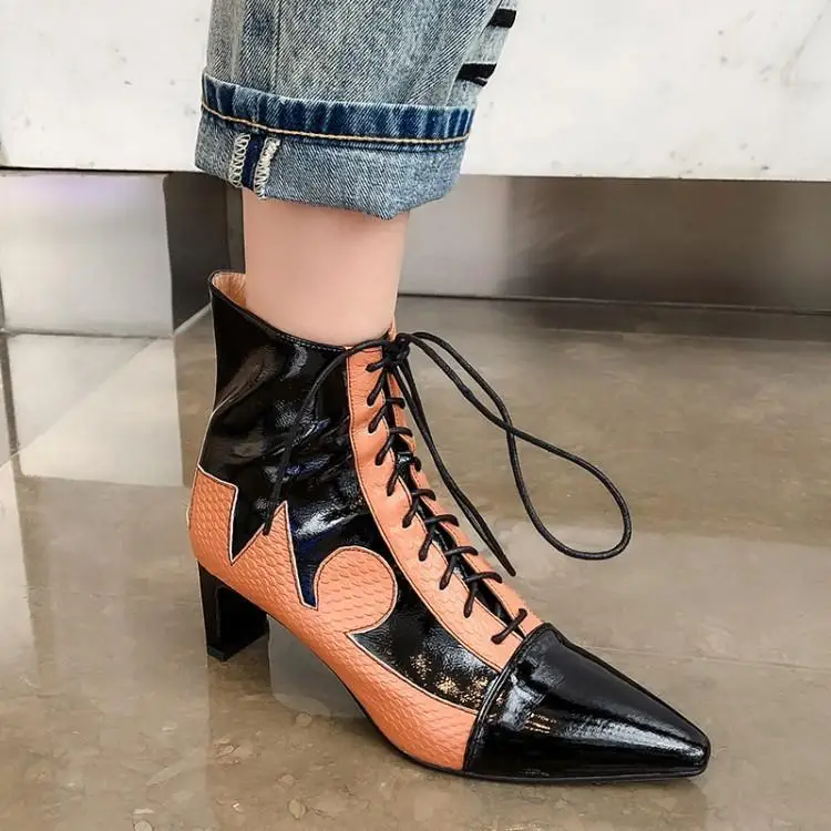 

Ankle Boots For Women Mixed Color Patchwork Botas Mujer Pointed Toe Cross Tied Side Zipper Ladies Booties High Square Heels Shoe
