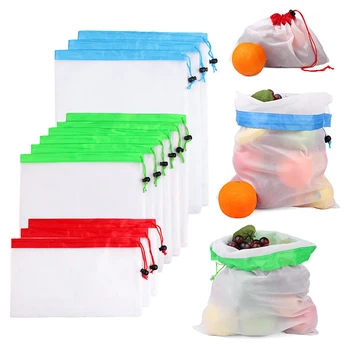 

12pcs Reusable Mesh Produce Bags Washable Eco Friendly Bags For Grocery Shopping Storage Fruit Vegetable Drawstring Bag