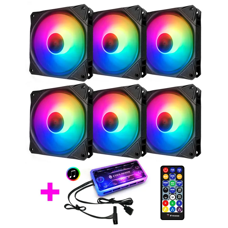 5 в RGB вентилятор 12 см для компьютера чехол/нормальный или музыкальный контроль поддержка MOBO 5 в AURA синхронизация светильник ритм стиль - Цвет: 6 Fans Kit(Music)