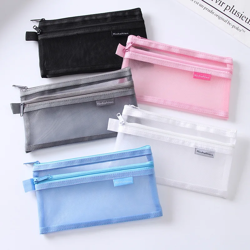 Simple-Transparent-Double-Mesh-Bag-Pencil-Case-Office-Student-Pencil ...