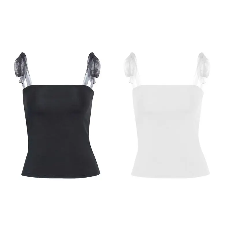Women Summer Sexy Off Shoulder Tank Top Mesh Ribbon Tie Shoulder Strap Camisole Bodycon Sleeveless Backless Vest