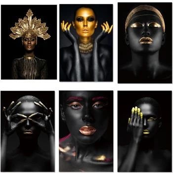

Canvas Painting Wall Fashion Africa Black Girl Golden Makeup Posters Artwork for Nordic Modular Home Decor Living Room Pictures