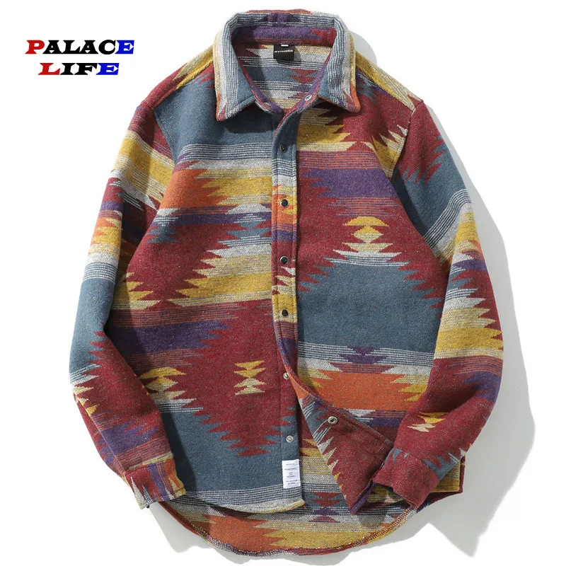 Autumn Winter Men Colorful Shirt High street Hip-Hop Retro Cotton Shirts Men Long sleeve Loose streetwear Camisa masculina