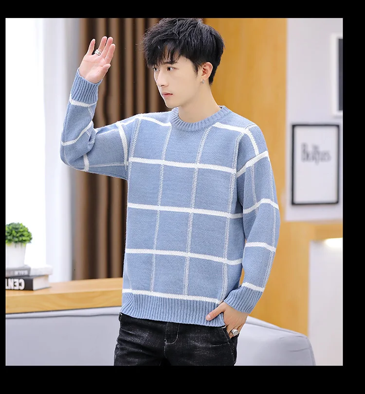 Plaid Sweater Men's Slim Warm Fashion Contrast Color Casual Knit Sweater Man Streetwear Wild Long-sleeved Pullover Men Clothes
