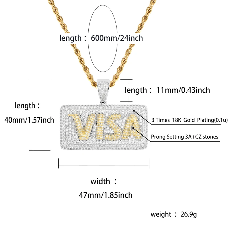TOPGRILLZ хип хоп микро Pave кубический циркон Bling Ice Out VISA Кредитная Золотая карта квадратные подвески ожерелья для мужчин рэппер ювелирные изделия