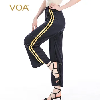 

VOA satin navy blue silk drawstring tie elastic waist bumper stitching smooth micro-elastic straight-leg pants KX770
