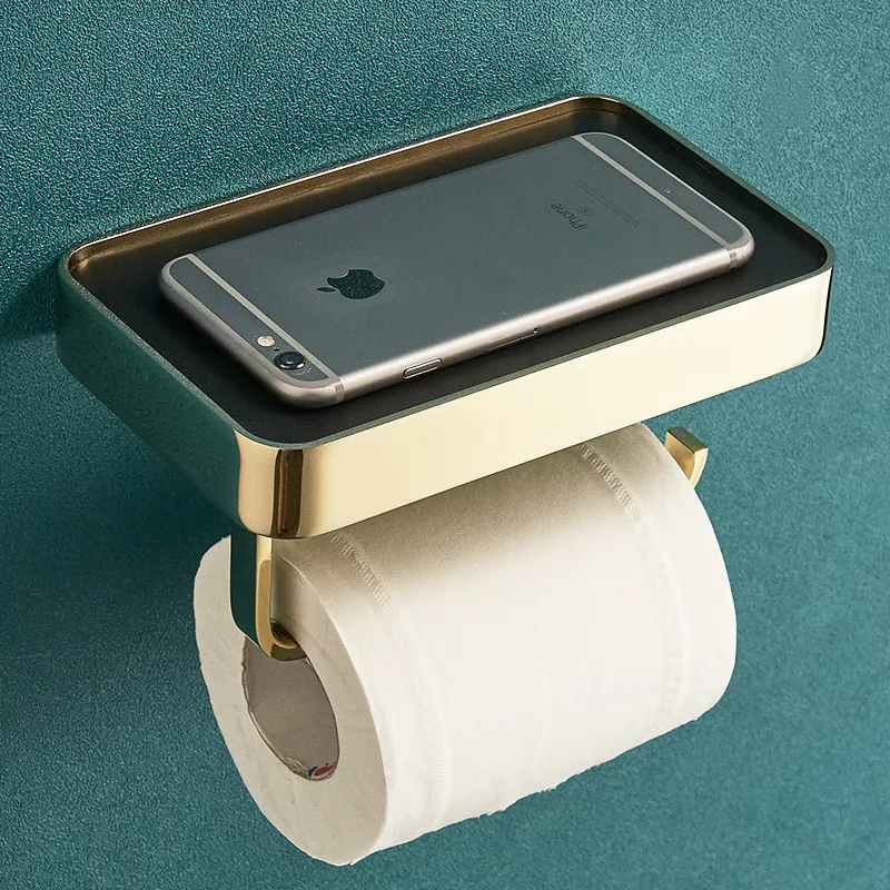 

Copper Toilet Paper Holder Gold & Black Tissue Rack Solid Brass Bath Hardware Accessories Bathroom Shelf Nail Punched Type