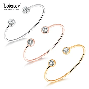 Lokaer Trendy Rose Gold/Gold/Steel Color Open Bangles For Women Girl Stainless Steel Inlaid Cubic Zirconia Cuff Bracelets B18094