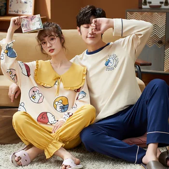 

Autumn Winter Couple Pajamas Simple Gray Cotton Splicing Round Neck Long Sleeve Woman Sleepwear Loose Comfort Home Clothes Men's
