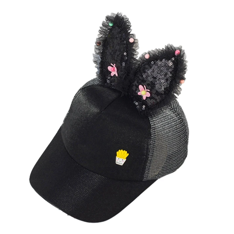 Spring Summer Cute Baby Hat Baby Girl Baseball Cap Glitter Sequin Rabbit Ear Pearl Kids Hat Girls Sun Hats for Children - Цвет: B
