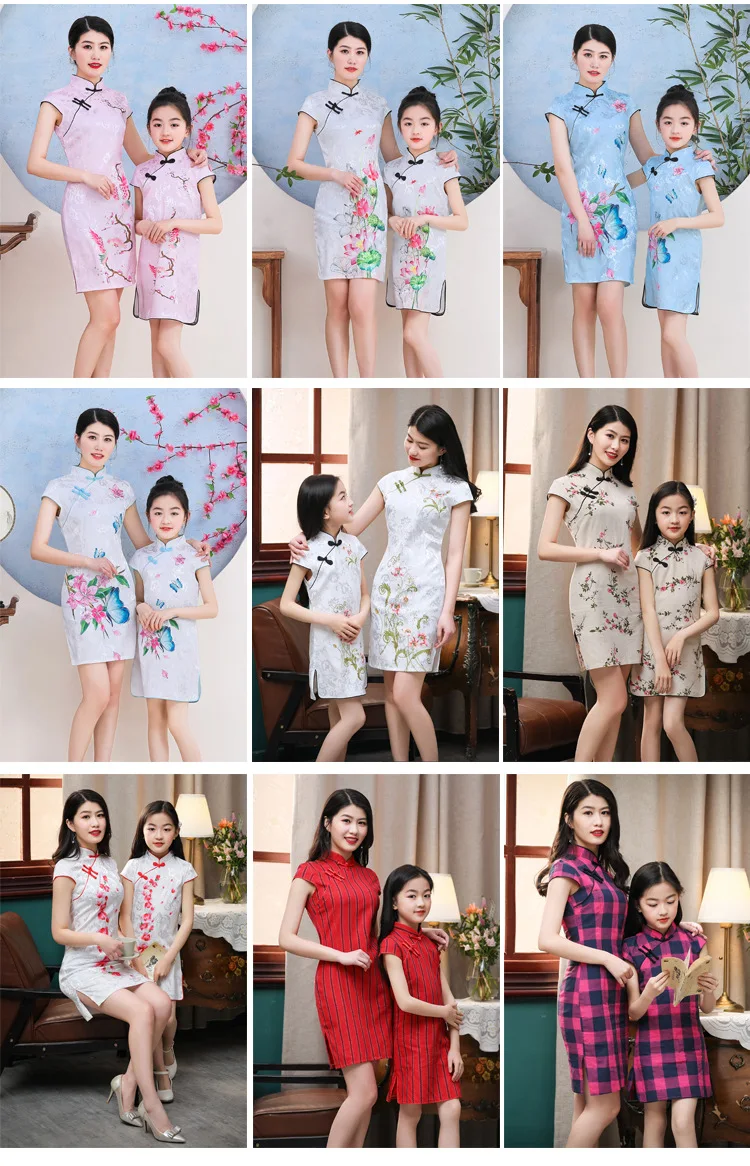 Чонсам для девочек, Одинаковая одежда для родителей и детей, для мамы и дочки летняя Модифицированная юбка Детское платье в китайском стиле Li