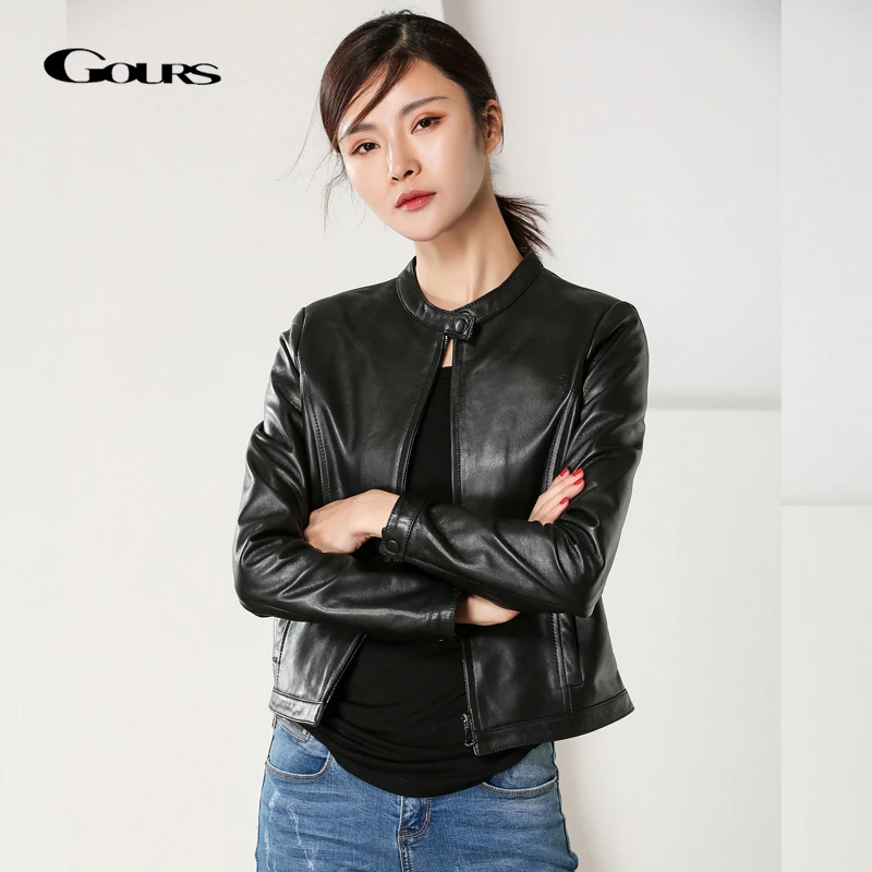 Chaquetas de cuero auténtico para mujer, clásica de primavera, chaqueta de piel de oveja corta para motocicleta, abrigos de estilo Punk negro HSW210|Chaquetas de cuero| - AliExpress