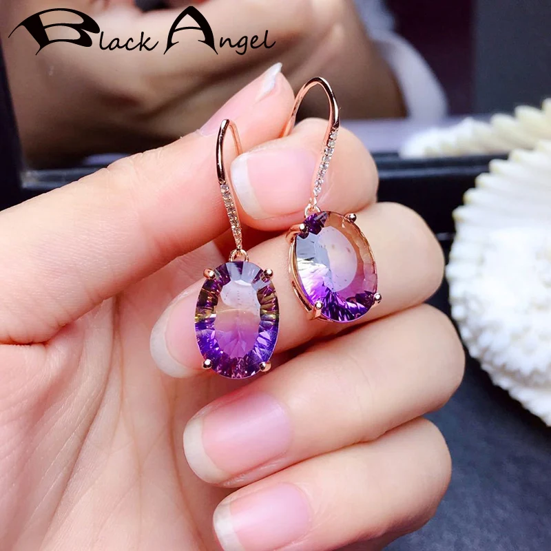 

BLACK ANGEL 925 Silver Elegant Amethyst Purple Tourmaline Gemstone Drop Earrings For Women Ear Jewelry Christmas Gift