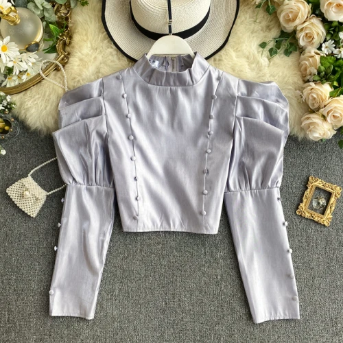 purple Neploe, двубортный короткий тонкий Топ, блузка, пышная, длинный рукав, стоячий ворот, женская рубашка, весна, на молнии, укороченный топ, блузка s 57180 - Цвет: purple