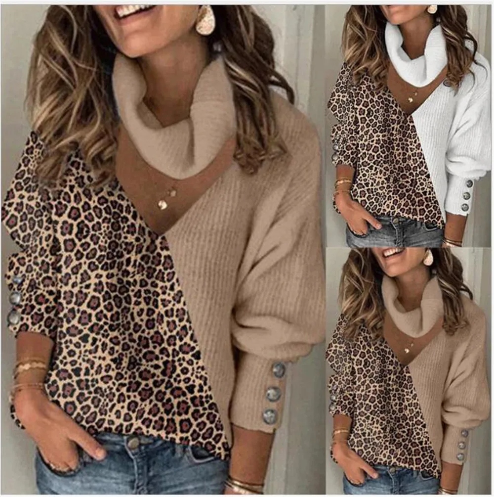 

Tshirt Women Leopard Printed Patchwork Hollow Out Turtleneck Knitted Tops Casual Loose Oversized Tshirts