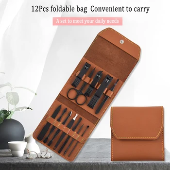 

12-piece Black Nail Clippers Manicure Set Folding Bag Nails Scissors Pedicure Manicure Nail Clipper Kit Hand Foot Care Tools