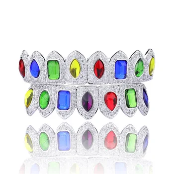 

Teeth Grillz Men Women Body Jewelry Iced out Top Bottom colorful geometry Artificial gem zircon False Teeth Dental Grills Set