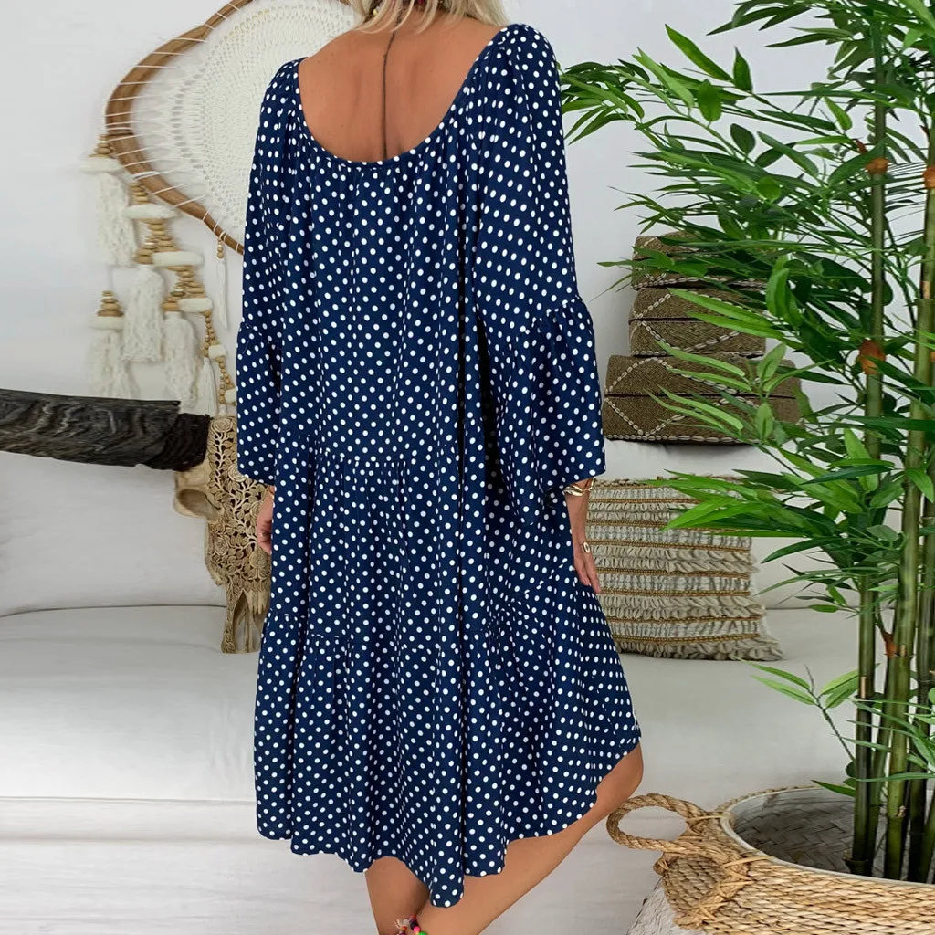 Boho женское платье, женское свободное платье в горошек, рукав три четверти, мини платье, летнее платье, v-образный вырез, вечерние, Клубная туника, Пляжное Платье# G7