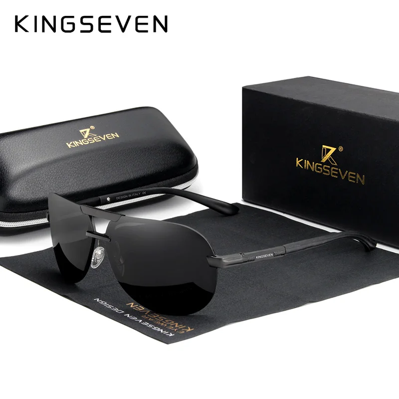 KINGSEVEN, фирменный дизайн, новые поляризованные солнцезащитные очки без оправы, для мужчин и женщин, для вождения, оправа пилот, солнцезащитные очки, мужские очки, UV400 - Цвет линз: Black gray