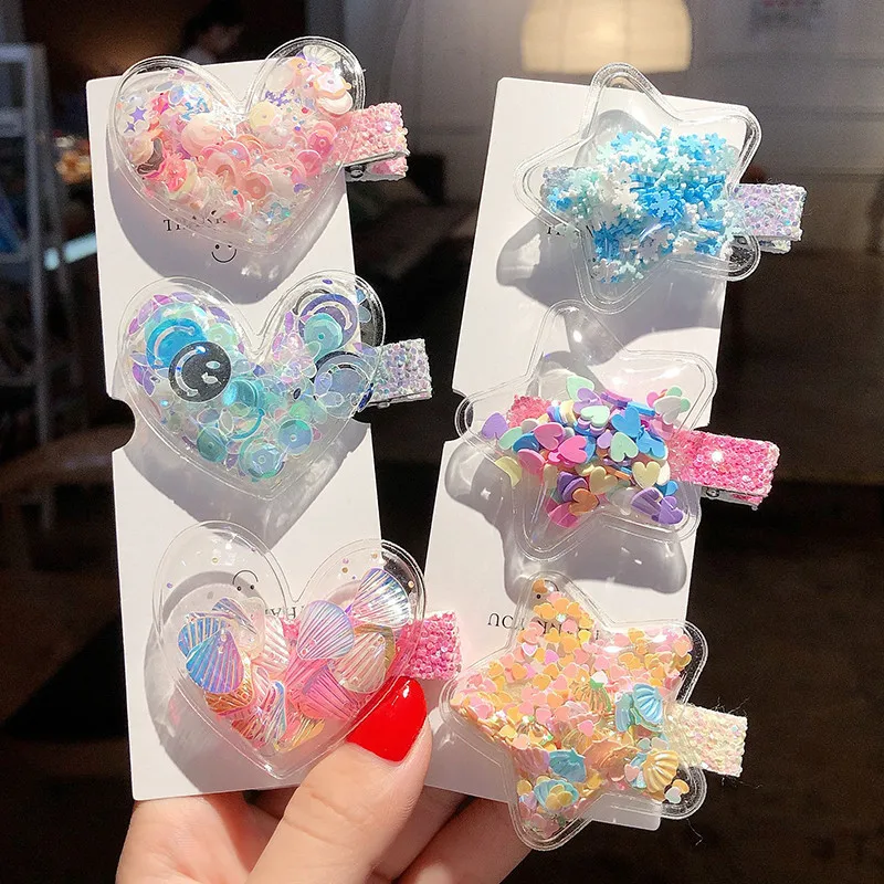 Cute Children Hair Clips Transparent Shiny Sequins Hairpins Stars Heart Geometric Barrettes Hairgrips Girls Princess Headwear