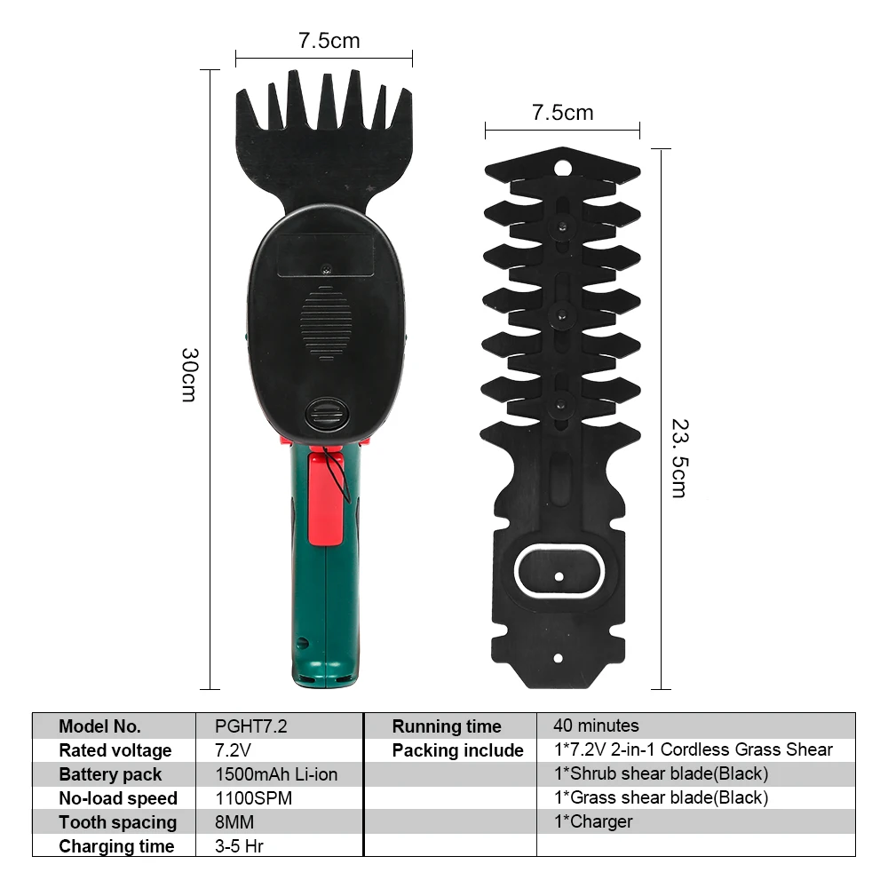 7.2V Pruning Shears 2in1 Cordless Grass Hedge Trimmer Battery Rechargeable Shear Hedger PGHT7.2 Cordless Garden Tool POSENPRO 2
