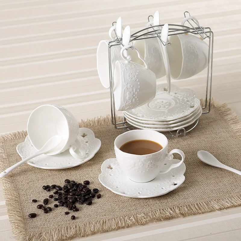 

Japanese Style Ceramic Coffee Mug Set New Bone China Relief Lace Hollow out Coffee Cup Set Wholesale Manufacturers Direct Sellin