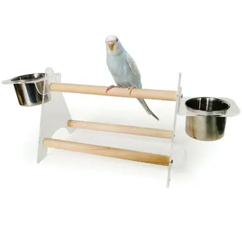 

2020 New Fashion Parrot Bird Perch Table Top Stand Metal Wood 2 Cups Play Breeds 35x13x14cm