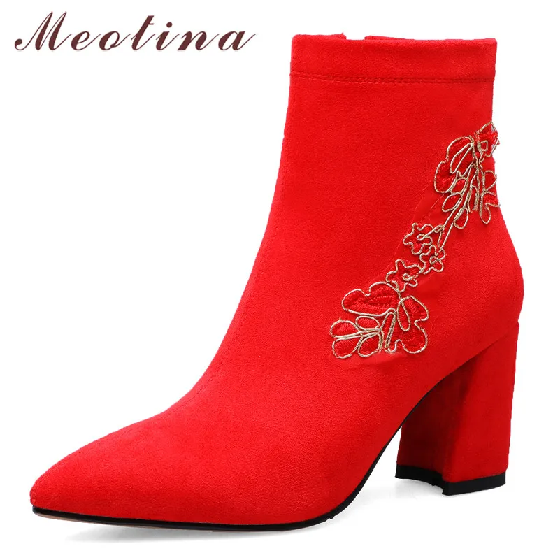 

Meotina Autumn Ankle Boots Women Zipper Thick High Heel Short Boots Embroider Pointed Toe Wedding Shoes Lady Winter Red Size 43