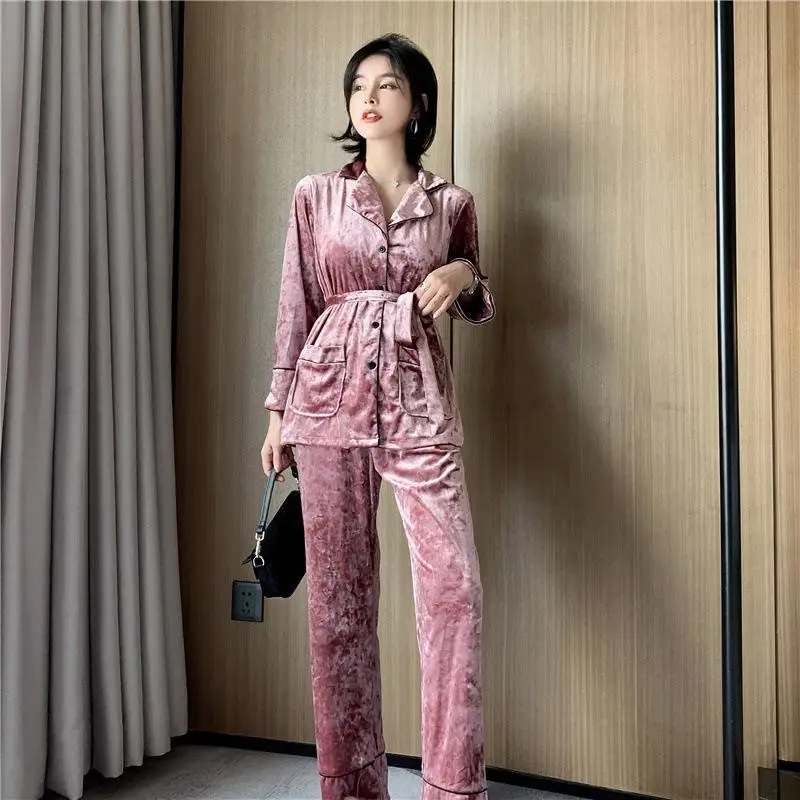 Сексуальный женский велюровый топ брюки пижамные комплекты одежда для сна женский домашний двубортный Ночная сорочка халат пижамы m-xl - Цвет: Розовый