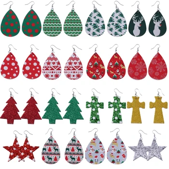 

Christmas Earring Set 2020 For Women Red Glitter Pu Leather Earings Christmas Santa Teardrop Dangle Jewelry Best Gift For Lovers