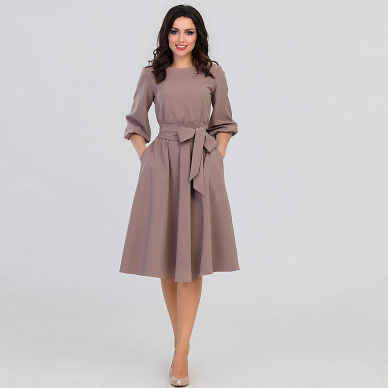 QRWR Summer Autumn Women Dress 2020 Solid Color High Waist A Line Ladies Midi Dresses Casual Puff Sleeve Vintage Dress Women QRWR Summer Autumn Women Dress 2020 Solid Color High Waist A Line Ladies Midi Dresses Casual Puff Sleeve Vintage Dress Women