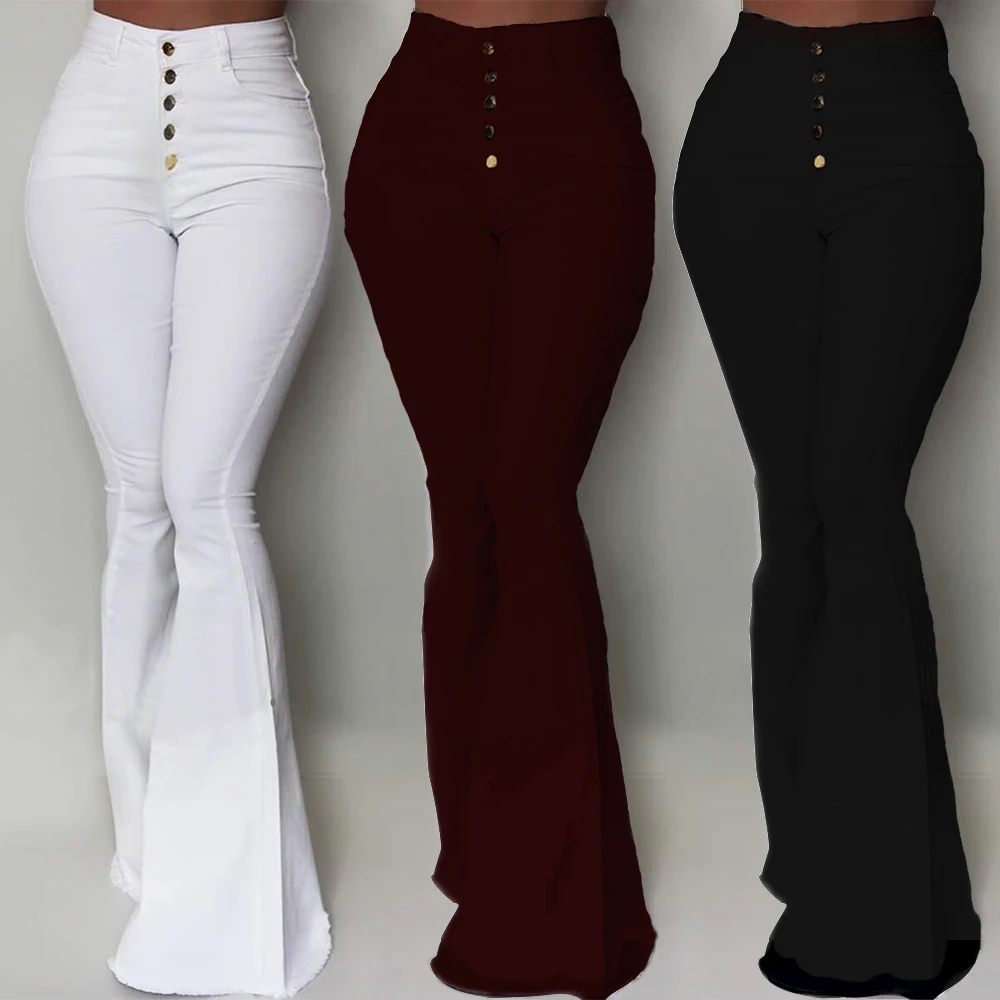 Summer Womens High Waist Trousers Flared Pants Bell Bottoms Long Pants White Black Wine red