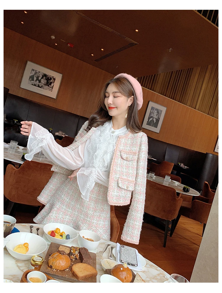 Small fragrant Wind Tweed Suits Fall Winter Women Pink Plaid Weave Woolen Jacket Coat+ Tassel Ruffles Mermaid Bodycon Skirt Set