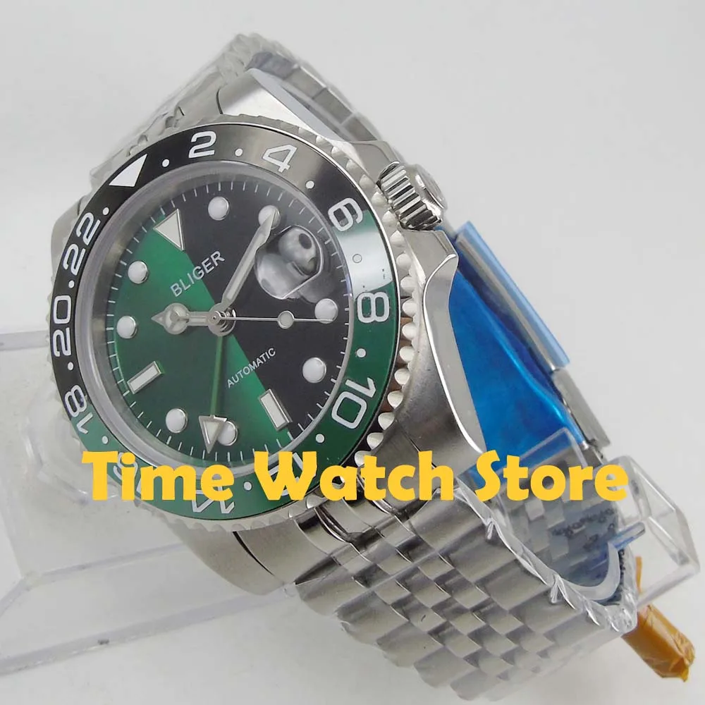 Новинка Bliger 40 мм GMT 3804 автоматические мужские часы с сапфировым стеклом зеленый циферблат светящийся водонепроницаемый юбилейный браслет керамический ободок