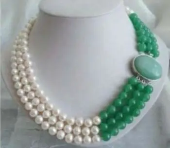 

3 Rows Jewelry 7-8MM Real White Freshwater Pearl & Natural Green Jade Necklace