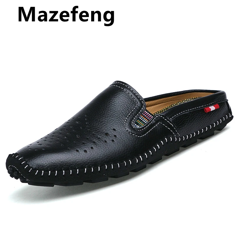 

Mazefeng Genuine Leather Mens Shoes Casual Penny Loafers Luxury Brand Summer Breathable Half Slippers Slip on Men Flats Loafers
